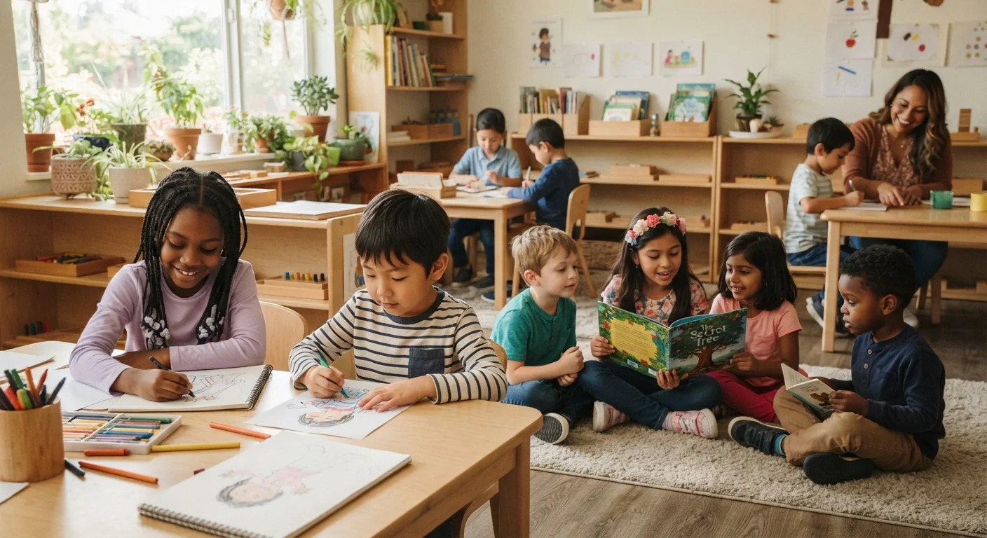 Children in a classroom engaged in varied learning activities including reading and drawing