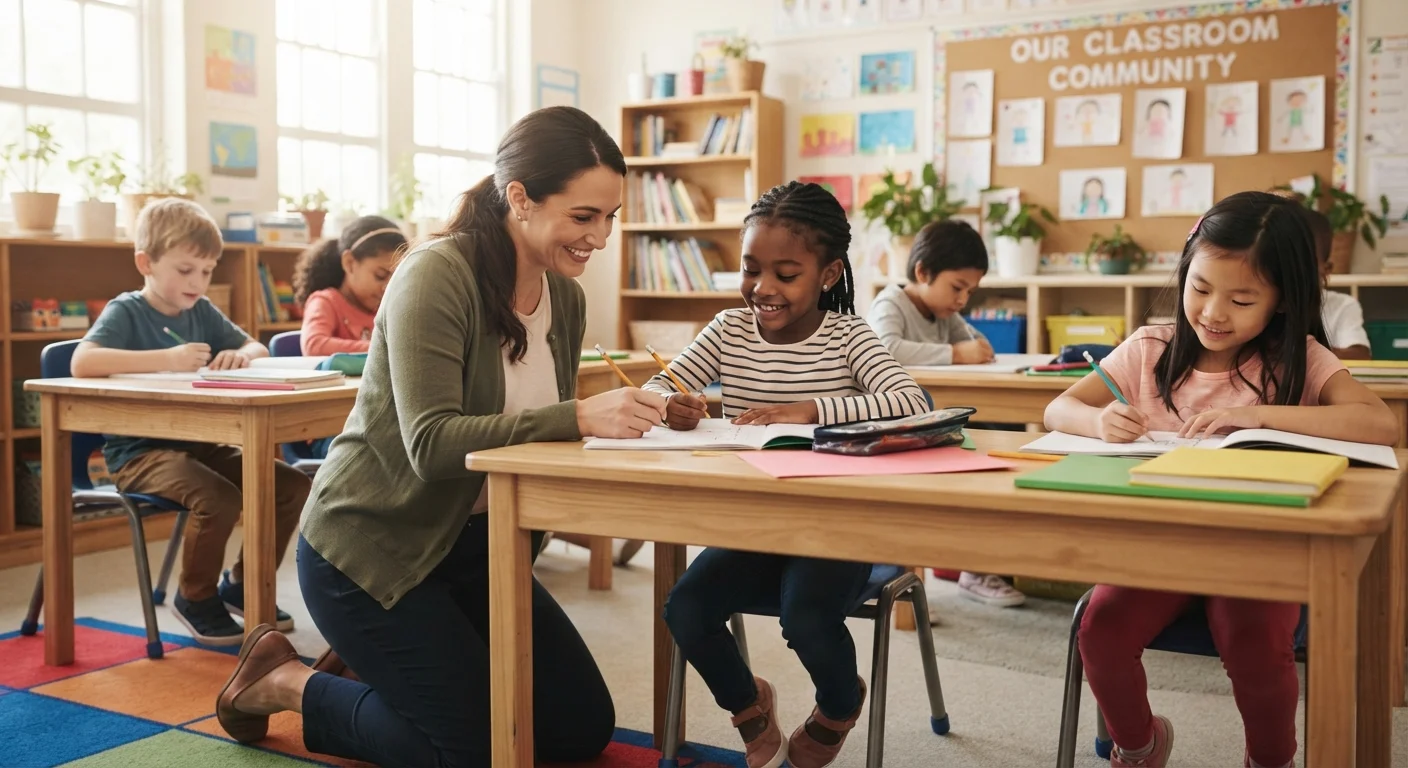 Teacher kneeling beside a young student at a classroom desk offering individualized support