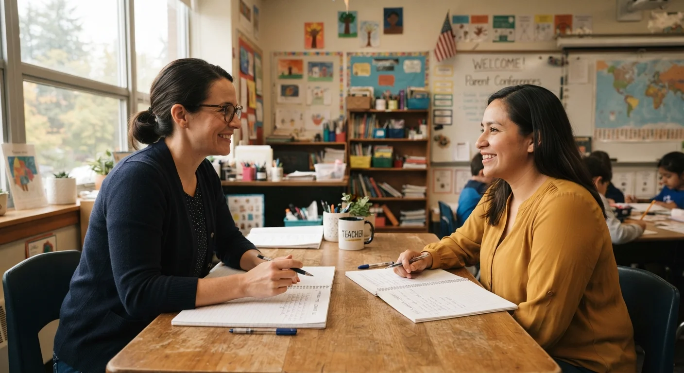 A parent and teacher having a calm, constructive conversation at a school desk