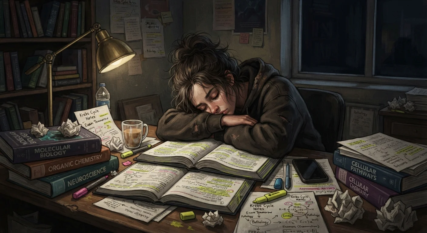Exhausted student studying late at night surrounded by open textbooks and notes
